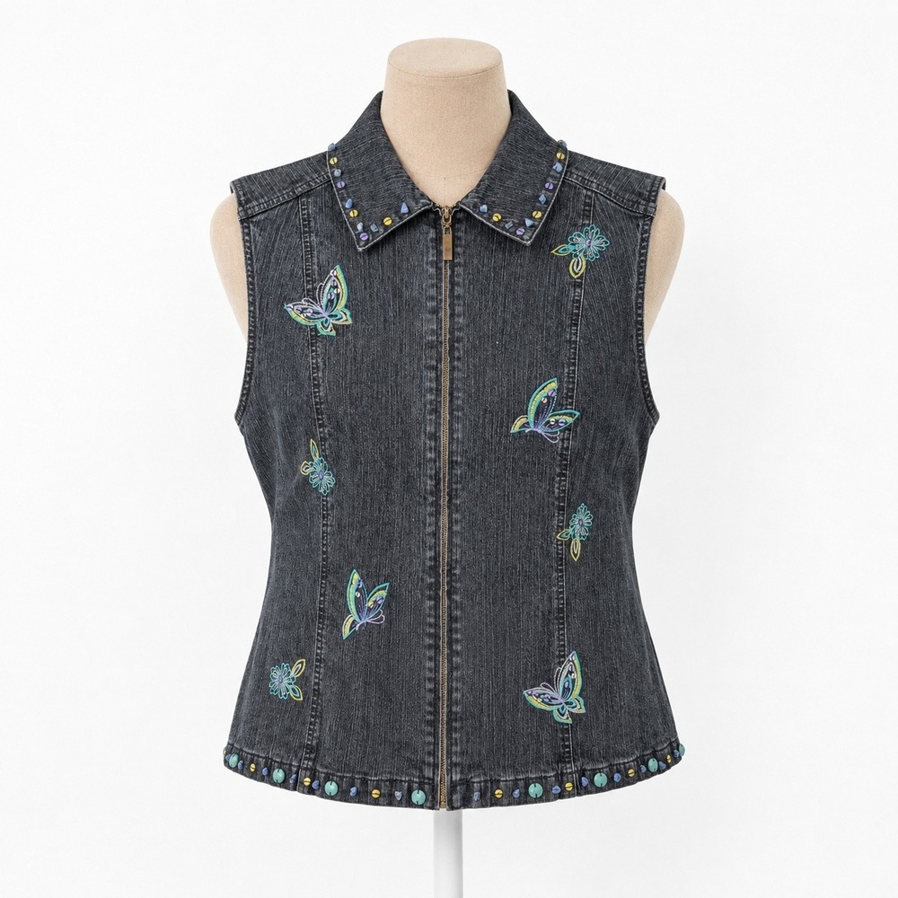 Vintage Y2K Butterfly Embroidered Zip Vest Size 16 Cottagecore Indie Boho Retro